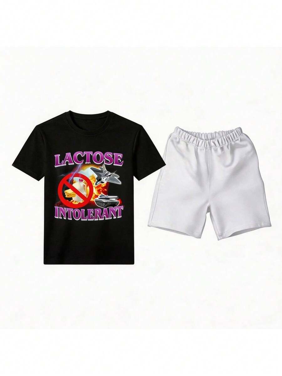 Conjunto para hombre estilo streetwear casual con estampado gráfico divertido de letras y caricatura algodón cómodo ajuste holgado cuello redondo manga corta primavera verano uso diario set de playera y shorts - Negro 1 - Ver 1