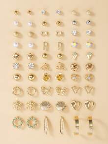30对雪花、蝴蝶、花朵和贝壳几何组合耳环，适合女性日常、休闲、派对佩戴，时尚耳环 - 金黃色 - 查看 1