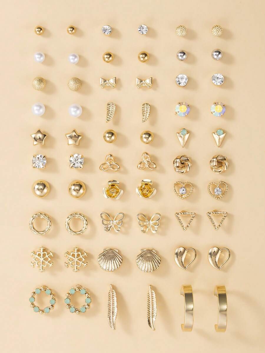30对雪花、蝴蝶、花朵和贝壳几何组合耳环，适合女性日常、休闲、派对佩戴，时尚耳环 - 金黃色 - 查看 1