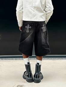Quần short denim nam màu đen đậm, kiểu Gothic, thêu họa tiết, dáng rộng, thích hợp cho đi chơi, dự tiệc, đi học và phong cách đường phố. - màu đen - Xem 3