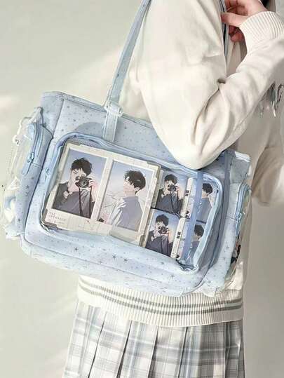 1个可爱甜美洛丽塔风格单肩包，多口袋大容量女童斜挎包，高品质尼龙材质，星形印花，透明装饰，适合动漫角色扮演，可拆卸可调节肩带，轻便手提包，适合学生，可爱时尚女士手提包，防水尼龙面料，适合动漫展、通勤、购物、聚会、旅行等场合。