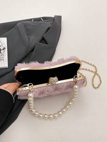 Faux Pearl Handle Evening Bag, Elegant Lace Flower Clutch Bag With Metal Chain Strap, Suitable For Party, Banquet, Women's Gift, Matching Various Dresses - Pink - View 9