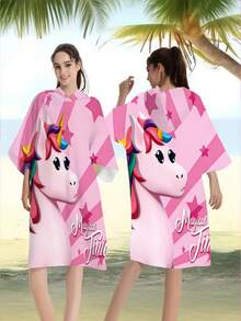 1件独角兽系列印花浴巾，趣味魔法时光星独角兽图案连帽斗篷，卡通图案连帽浴袍，涤纶材质，吸水性强，可穿戴浴巾，柔软连帽浴巾，沙滩泳池浴巾，男女通用浴袍，浴室用品，沙滩必备，户外装饰 - 彩色 - 查看 5