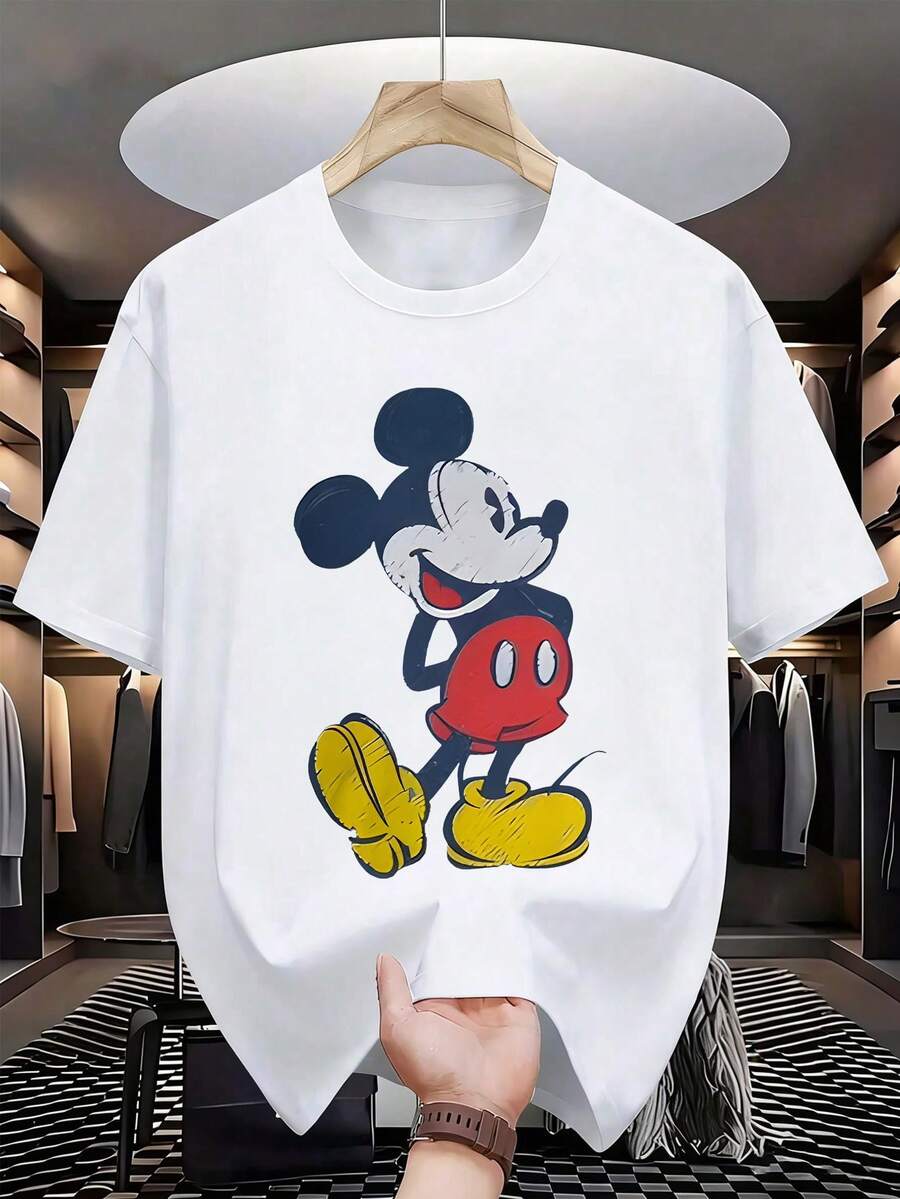 Disney Vintage Style  Men's Casual T-Shirt Retro Hand-Painted Cartoon Print White Short Sleeve American Street Style Loose Crew Neck Top - trắng - Xem 1