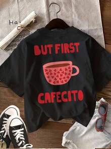 Camiseta de algodón de 180g para mujer, camiseta casual con estampado vintage de taza de café y corazón, cuello redondo, mangas cortas, estampado divertido Drink Coffee First, adecuada para el uso diario, salidas informales, versátil para uso en casa y paseos al aire libre. Sencilla y versátil, estilo de nicho a, la primera opción para parejas. - Negro - Ver 2