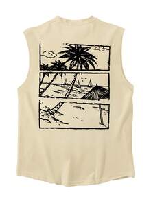 1 chiếc áo tank top nam cổ tròn in hình cây dừa, kiểu dáng thường ngày, thích hợp cho mùa hè. - Màu be - Xem 3
