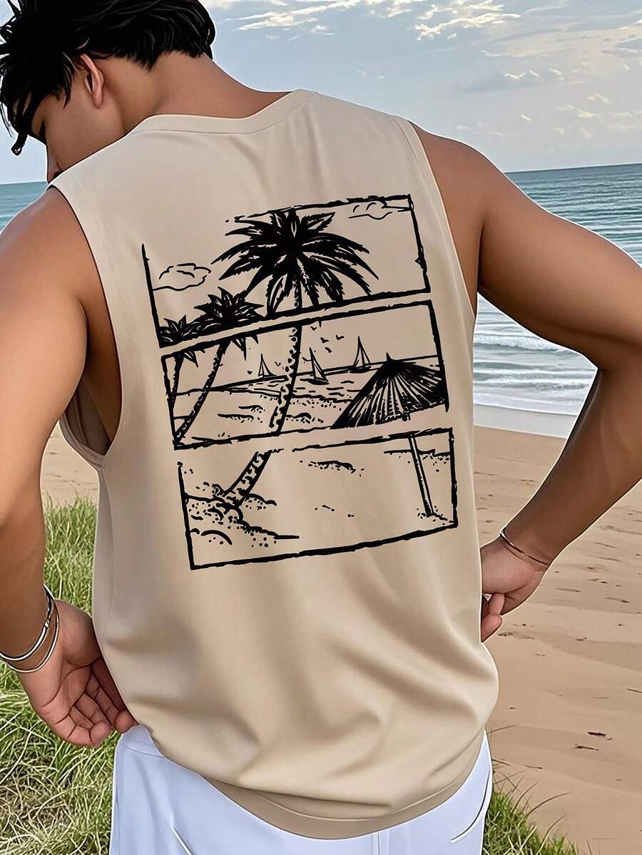 1 chiếc áo tank top nam cổ tròn in hình cây dừa, kiểu dáng thường ngày, thích hợp cho mùa hè. - Màu be - Xem 1