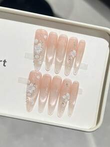 10片手工椭圆形亚克力美甲贴片，加长款，柔和裸粉色，闪亮猫眼，手绘简约花瓣，镶嵌小宝石、钻石和珍珠，前卫优雅简约的春季美甲，夏季美甲贴片，适合派对、日常、约会、海滩、热带度假等场合，DIY美甲，适合女性和女孩作为礼物，美甲用品 - 粉色 - 查看 4
