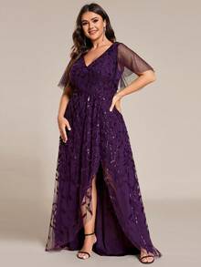 EVERPRETTY Đầm dạ hội màu tím xẻ tà phối màu tương phản, cổ chữ V sâu, đính sequin, thích hợp cho cô dâu mới, mẹ cô dâu, dự tiệc cưới ngày của mẹ, khách dự đám cưới mùa xuân, đầm dự tiệc ngày lễ. - Màu tím - Xem 5