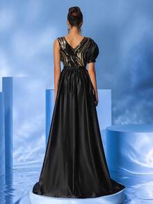 Elegant Black & Gold Sequin Patchwork Asymmetric One-Shoulder Half Sleeve Flowy Belted Fishtail Party Evening Dress - Black - View 7