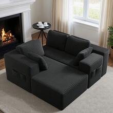 Asofer L-Shaped Modular Corner Sofa, Assembly-Free Corduroy Sofa, 3-Seater, Flexibly Combinable With Cushions And Side Pockets For Living Room/Bedroom, 250*136*40cm - 黑色 - 查看 2