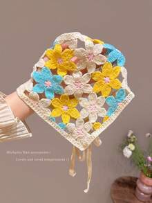 Cute Knitted Hollow Floral Triangle Scarf, Countryside Style Photo Prop & Travel Headscarf - Multicolor - View 4