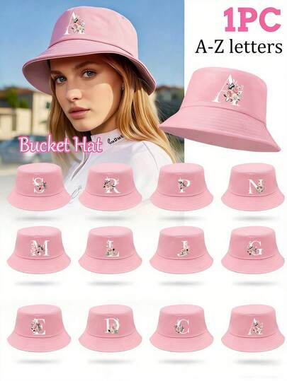 1pc Floral Personalized A-Z Letter Women's Bucket Hat, Fashionable Casual Beach Sun Hat, Cute College Style Letter Bucket Hat, Summer Sun Protection Beach Hat, Personality Bucket Hat For Travel, Daily Use, Suitable Gift For Mom, Friends, Teenage Girls, Breathable Lightweight Summer Bucket Hat, Mother's Day Gift, Graduation Gift, Spring Break Beach Hat, Teacher's Day Gift, Multifunctional Summer Accessory, Perfect Personalized Gift