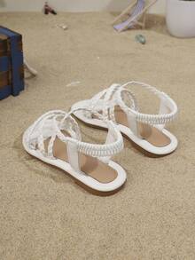 1双夏季儿童时尚凉鞋，经典编织带交叉弹力套脚男女通用户外平底凉鞋 - 白色 - 查看 6