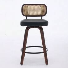 Set Of 3 Bar Stools At Counter Height – 66 Cm High Rattan Counter Stools With Woven Backrest, Upholstered Seat, Walnut Wood Finish, Swivel Counter Stools For Kitchen Island/Counter - Black - View 3