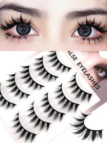 5对卡通风格假睫毛，轻盈飘逸的动漫风自然假睫毛，蓬松如娃娃般的假睫毛，卡通假睫毛条，假睫毛 - 黑色 - 查看 1