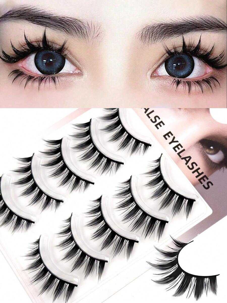 5对卡通风格假睫毛，轻盈飘逸的动漫风自然假睫毛，蓬松如娃娃般的假睫毛，卡通假睫毛条，假睫毛 - 黑色 - 查看 1