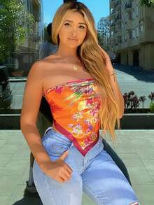 1条女士休闲“花丛”头巾，90厘米大号缎面波西米亚风方巾，适合夏季度假、海滩、沙滩派对，可用作头巾和比基尼装饰。 - 彩色 - 查看 3