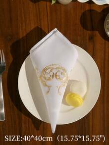 1pc 100% Polyester Napkin, Soft Fabric, Delicate Embroidery, Square Tablecloth, Wedding Party Decor, Multiple Colors Available - Gold - View 3