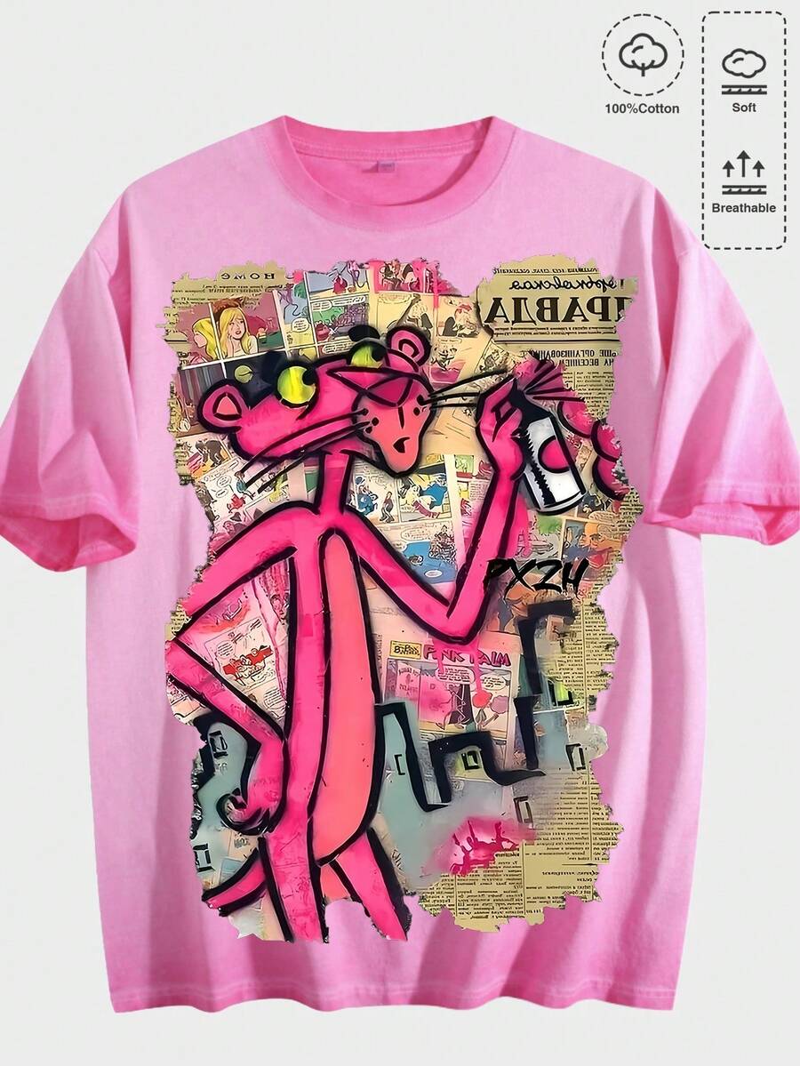 Dirty Wash T-Shirt Unisex Distressed Cartoon Graffiti Graphic Oversized Short Sleeve Street Style Top - 髒髒洗玫紅色 - 查看 1