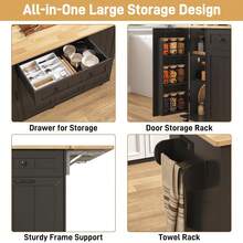 59" Rolling Kitchen Island Table With Power Outlet, Drop Leaf - Mobile Cart With Hidden Trash Cabinet & Towel Rack - Black - View 4