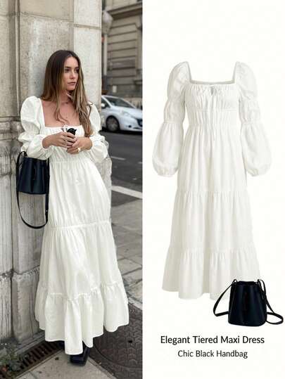 Thời trang Xuân/Hè 2026: Phong cách thường ngày, giản dị, công sở, đường phố, thanh lịch, đa năng, nghỉ mát, phong cách Bohemian, dễ thương, màu trơn, cổ điển, tay phồng, đầm dài xếp lớp dành cho nữ. Màu trắng.