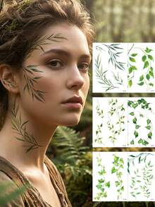3pcs Set Of Large, Fresh-Looking Green Leaf And Vine Plant Temporary Tattoos For Women, Long-Lasting Arm Tattoos, Body Stickers For Face, Arm, Chest, Waist, Abdomen, Legs, Fake Tattoos - Green - View 4