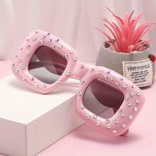 Women's Fashion Glasses - UV Protection With Blue Diamond Decoration, Exclusive Large Square Frame Design For Parties, Suitable For Everyday And Special Occasions - Fashion Accessory, Fun Design, Durable, Designer Style, A Must-Have For  Enthusiasts. - 粉紅色 - 查看 5