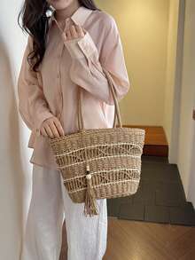 波西米亚风条纹草编手提包，带流苏 | 沙滩度假手提包 - 彩色 - 查看 5