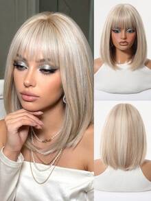 Linen Blond Stright Bob Wig With Bangs- 12inch Synthetic Wigs For Women Heat Resistant Cosplay Colourful Synthetic Hair Wig High Temperature Hair For Women Holiday Daily Fashion Style Synthetic Hair Wig For Halloween And Christmas - 亞麻金 - 查看 12