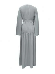 Áo Abaya dài tay cổ tròn, màu trơn, có thắt lưng, thanh lịch dành cho nữ, kiểu dáng kín đáo, thích hợp cho mùa xuân. - Xám - Xem 3