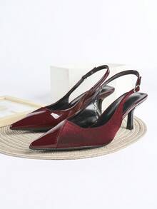 Giày cao gót nữ màu đỏ tía phối nhiều mảnh, mũi nhọn, quai hậu, thích hợp cho tiệc cưới, dạ hội, trang phục trang trọng, gót cao 7cm, có quai ngang mắt cá chân. - Màu Đỏ Sâu - Xem 2