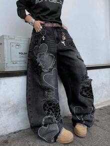 1 chiếc quần jeans nam Hearty Haven kiểu dáng đường phố Mỹ, thêu họa tiết, ống rộng rách rưới, dáng rộng thoải mái, phong cách sinh viên, gấu quần tua rua, đa năng cho mọi mùa (Không kèm thắt lưng hoặc phụ kiện) - màu đen - Xem 1