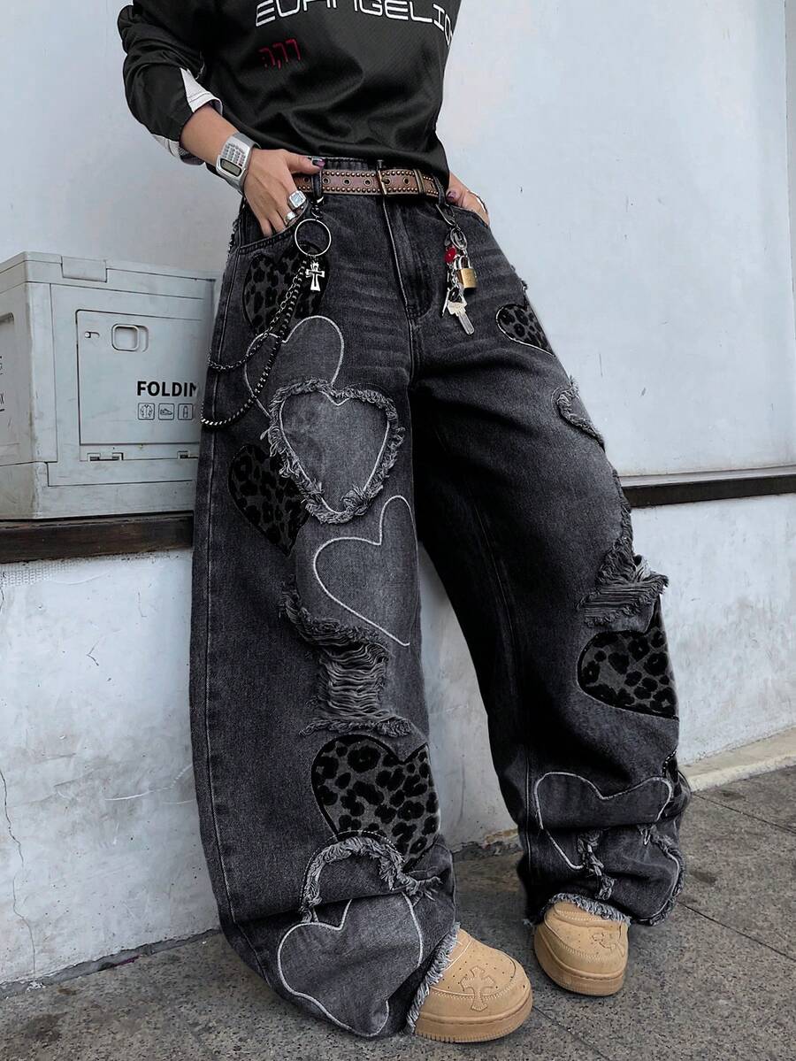 1 chiếc quần jeans nam Hearty Haven kiểu dáng đường phố Mỹ, thêu họa tiết, ống rộng rách rưới, dáng rộng thoải mái, phong cách sinh viên, gấu quần tua rua, đa năng cho mọi mùa (Không kèm thắt lưng hoặc phụ kiện) - màu đen - Xem 1