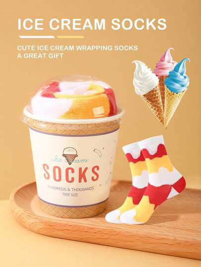 1 pereche de șosete cadou multicolore până la jumătatea gambei, cutie cadou unisex pentru cupluri, șosete moi cu înghețată, design creativ inspirat din mâncare, confortabile și versatile, potrivite pentru ziua de naștere, Ziua Îndrăgostiților, Paște, Ramadan, întâlnire, reuniune de familie, petrecere, sărbătoare