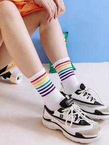 3/6 Pairs Rainbow Striped Mid-Calf Socks For Women, Ins College Style Colorful Socks, Match With Leggings For Spring & Autumn - Multicolor - View 2