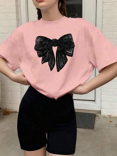 2pcs Tween Girls' Casual Set, Bow Graphic T-Shirt Paired With Bike Shorts, Suitable For Casual Outings, School Days, Summer Wear