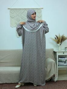 Women's Long Floral Print Abaya Dress, Round Neck, Long Sleeve, Woven Fabric, Decorated With Delicate Applique Details - Multicolor - View 4