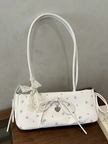 Nuevo bolso de moda con estampado completo, decoración de lazo de encaje, elegante bolso de hombro de metal de uso múltiple para mujeres, adecuado para compras, billetera, compras, mujeres jóvenes, estudiantes universitarios, recién casados, trabajadores de cuello blanco. Ideal para oficina, escuela, trabajo, transporte, actividades al aire libre, viajes, salidas y otras ocasiones. - Blanco - Ver 4