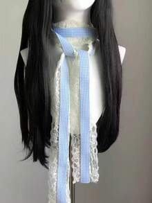 1pc Blue Plaid Contrast Lace Long Scarf, Y2K Style Versatile Waist Belt - Blue - View 8