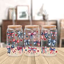 4pcs/Set 4th Of July Bows UV DTF Transfer Stickers For 16oz Libbey Glass Cups (9.4x4.3in), USA American Girly Patriotic Red White Blue Stars Heart Rainbow Waterproof Wraps, Independence Memorial Day Decals No Heat Needed - USA Bows 01 - View 5