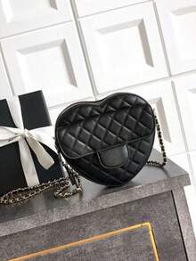 Black Quilted Heart - Shaped Chain Crossbody Bag For Women - 19 * 18 * 6cm - Elegant Casual Shoulder Purse​ - 黑色 - 查看 1