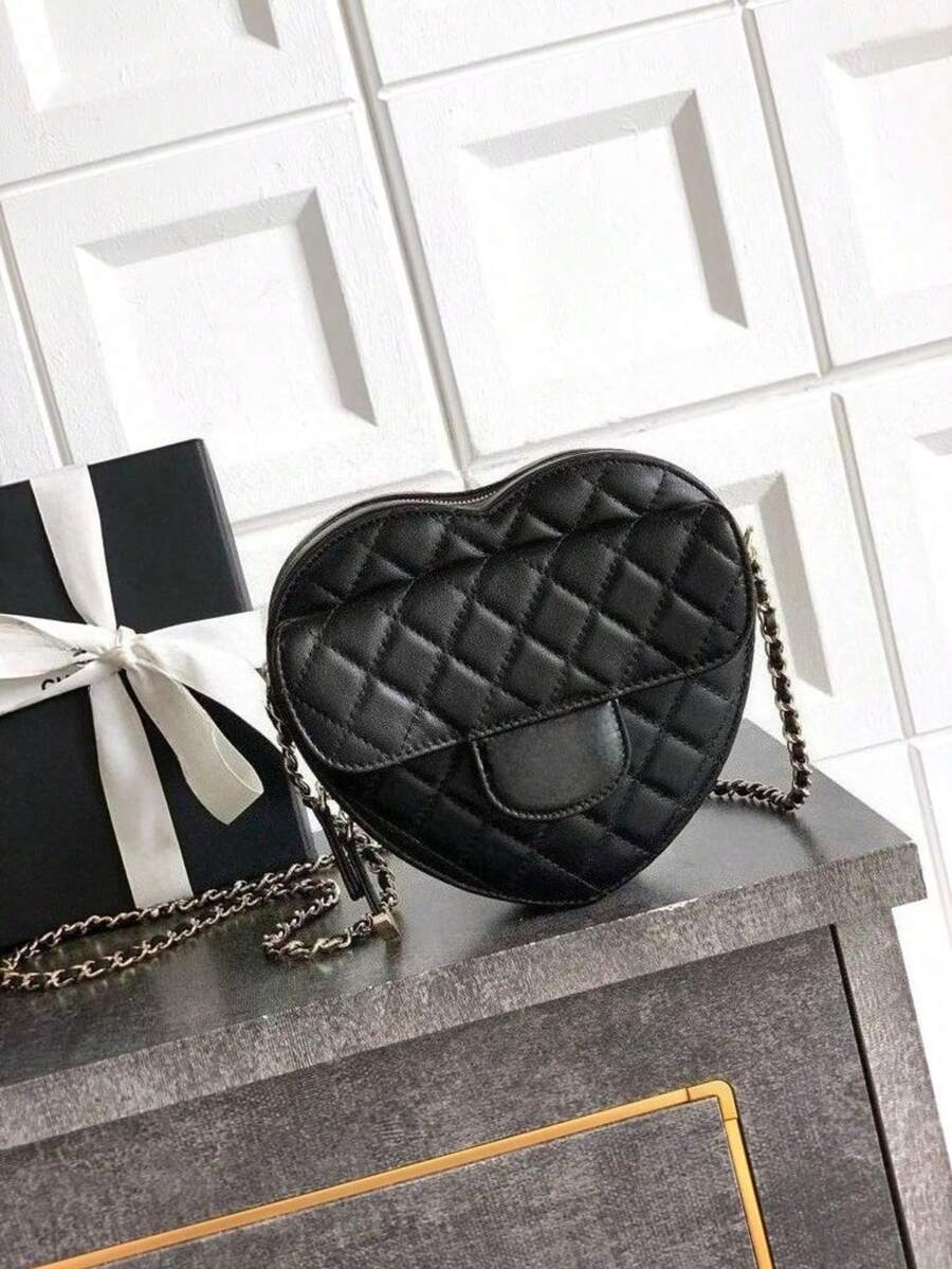 Black Quilted Heart - Shaped Chain Crossbody Bag For Women - 19 * 18 * 6cm - Elegant Casual Shoulder Purse​ - 黑色 - 查看 1