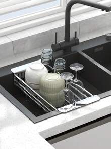 1 pieza Organizador de fregadero ajustable y extensible, rejilla de acero inoxidable para secar platos y utensilios, almacenamiento de vegetales y esponjas, rejilla de drenaje, rejilla para platos, estante de almacenamiento de cocina - Multicolor - Ver 8