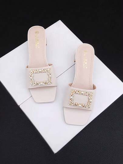 女士高跟凉鞋，新款粗跟拖鞋，一体式不累脚凉拖，适合搭配连衣裙，法式珍珠和水钻装饰，沙滩及日常穿着