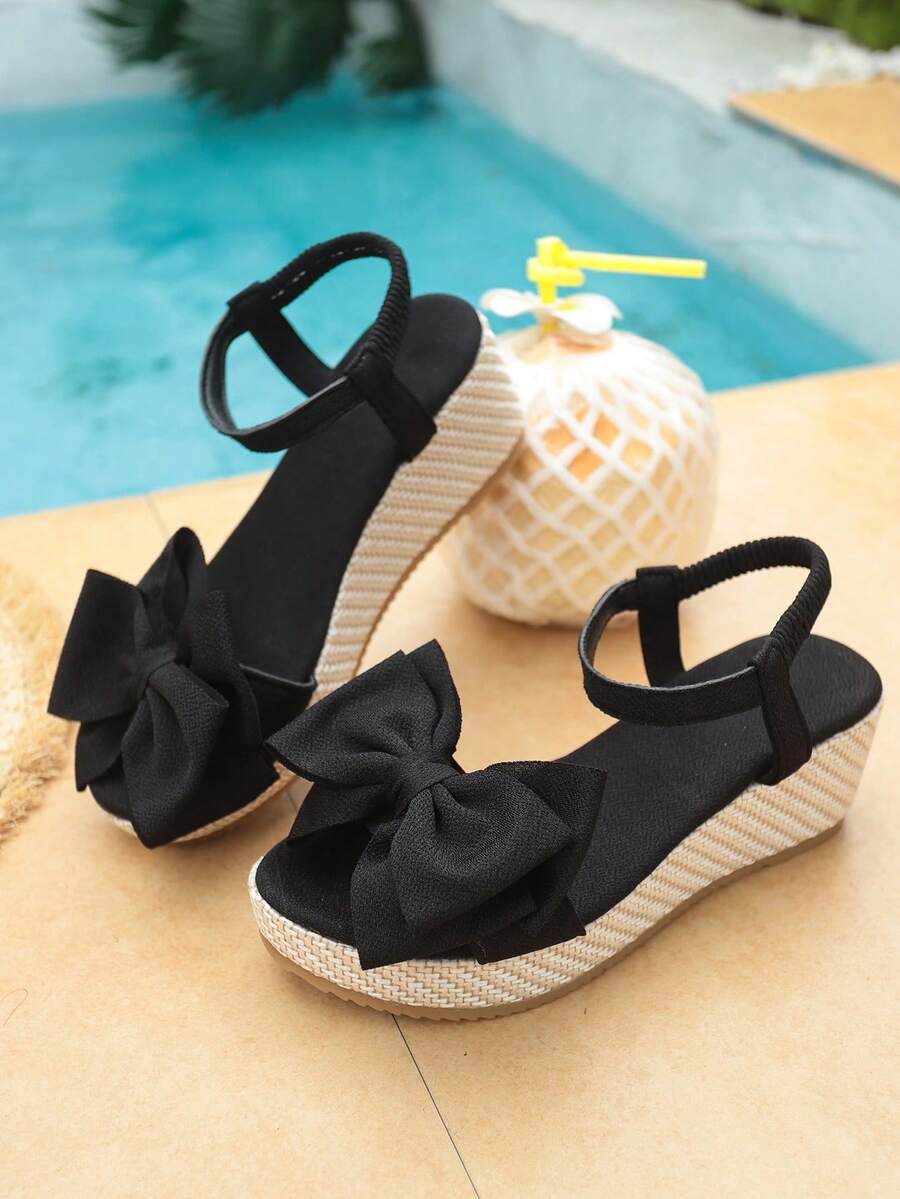 青少年圆头蝴蝶结弹力后带编织厚底坡跟凉鞋，甜美度假风，日常通勤，海滩度假，校园穿搭，朋友聚会，黑色圆头蝴蝶结编织坡跟凉鞋，玫瑰红圆头蝴蝶结编织坡跟凉鞋 - 黑色 - 查看 1