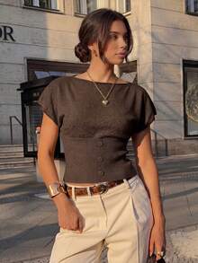 HoloChill Women Off-Shoulder Batwing Sleeve Knit Top, High Stretch Fabric, Button Detail, Regular Length, Asymmetric Hem, Summer Blouse, Women's Spring Clothing, Women's Holiday Party Top, Women's Beach Outfit, Women's Casual Outerwear, Women's Elegant Summer Vacation Wear - Coffee Brown - View 6