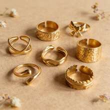 Set de 7 anillos abiertos de acero inoxidable dorado de diseño único, juego de anillos para nudillos apilables y versátiles de lujo - Dorado - Ver 11