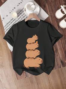 Girls' Summer Casual Crew Neck T-Shirt with Cute Capybara Print, Soft Polyester Knit Fabric with Slight Stretch, Loose Fit Short Sleeve Top with applique Detail - nero - Visualizzare 1