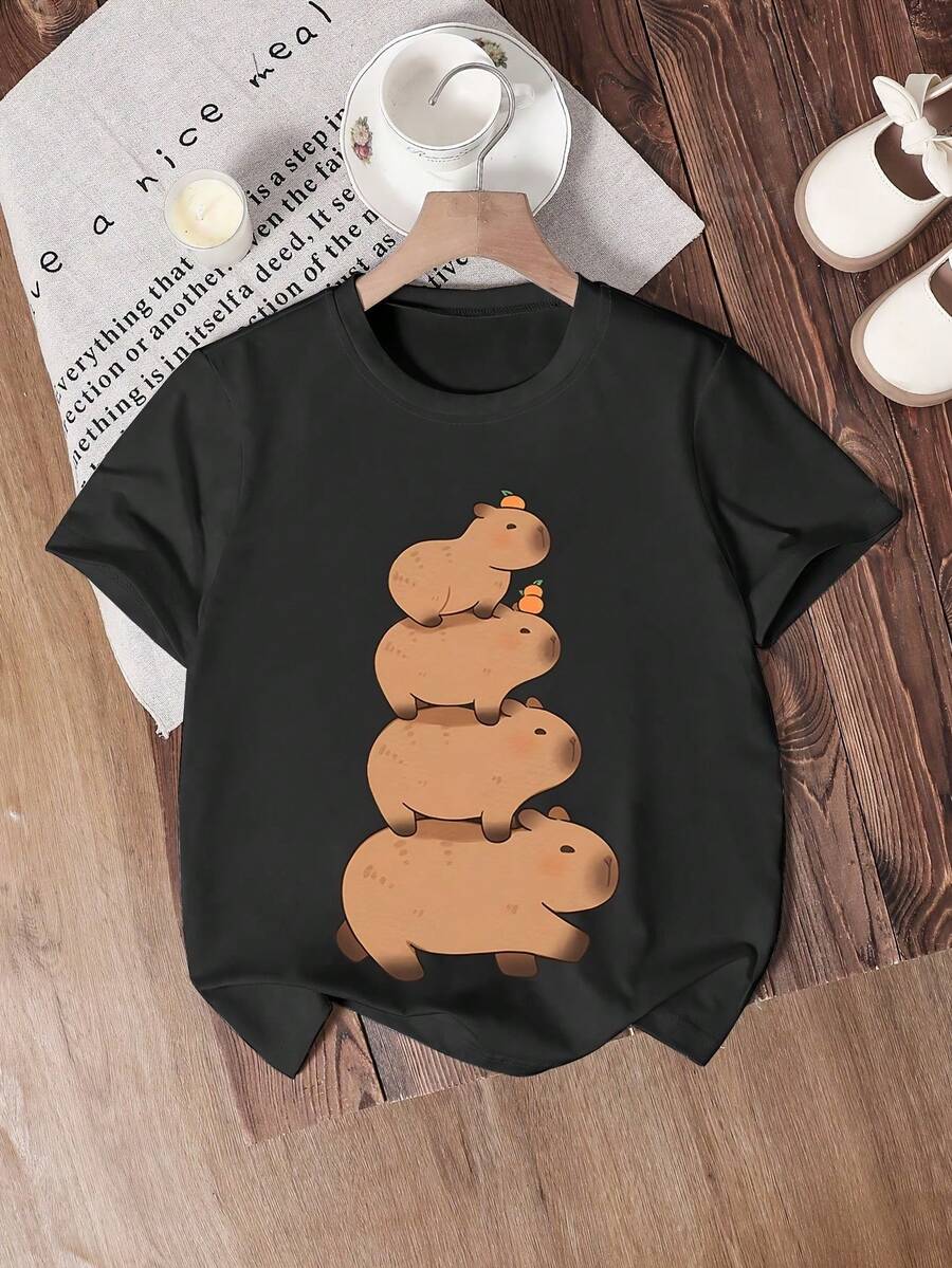 Girls' Summer Casual Crew Neck T-Shirt with Cute Capybara Print, Soft Polyester Knit Fabric with Slight Stretch, Loose Fit Short Sleeve Top with applique Detail - nero - Visualizzare 1